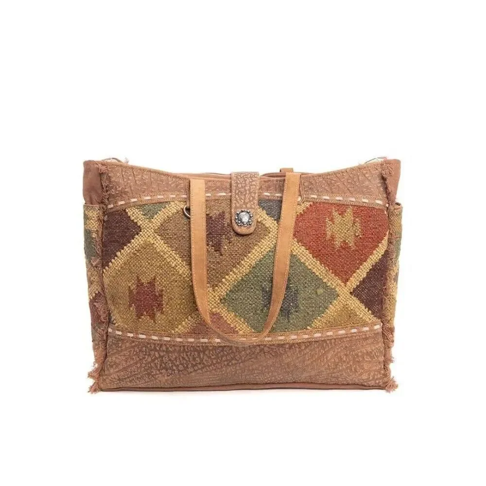 Myra Bag Handmade Mahsen Weekender Bag Upcycled Canvas & Cowhide Leather